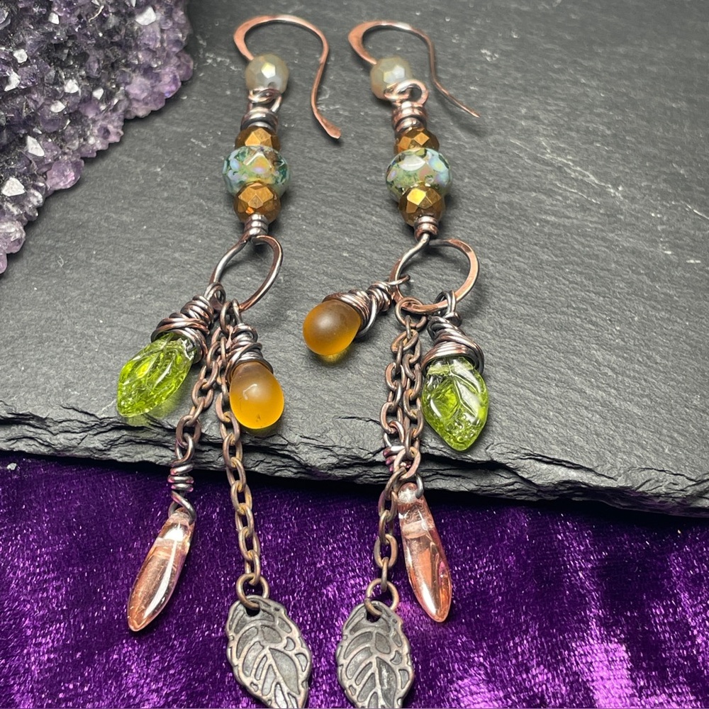 Rustic Copper Leaf Earrings | Woodland Fairycore Jewelry | Artisan - Picture 8 of 15